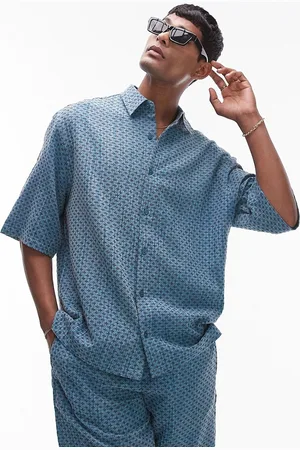 Topman Co-ord short sleeve boxy embroidered stitch detail shirt in blue