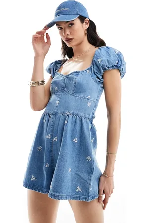 ASOS Denim puff sleeve playsuit in floral embroidery