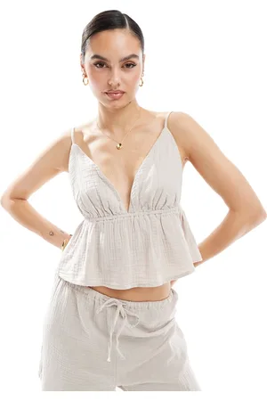 Pimkie Strappy linen look v neck peplum top co-ord in beige