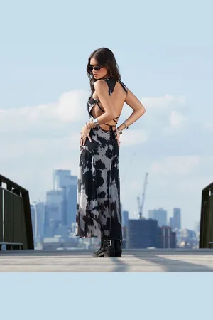 ASOS Exposed seam mesh backless midi dress in cow print