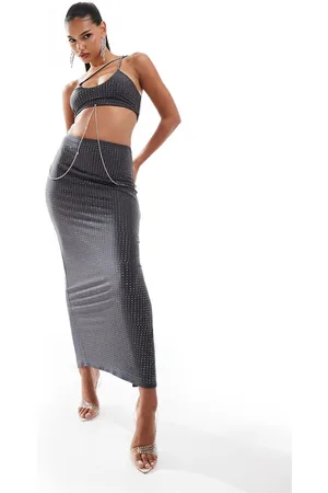 ASOS Cross strap hotfix midi dress with diamante body chain detail in charcoal