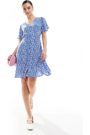 ONLY V neck tie waist mini dress in dark floral