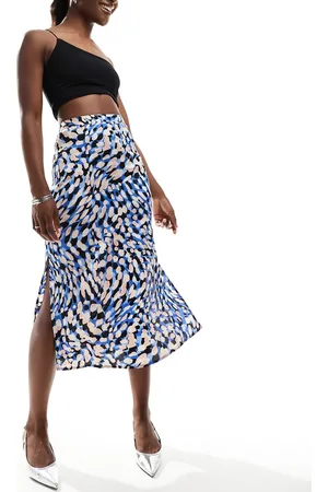 Brave Soul Satin midi skirt in blue animal print