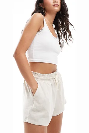 Bershka Tie waist linen shorts in sand