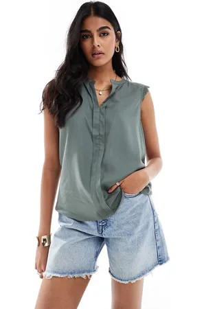 ONLY V neck sleeveless blouse with crochet trim in
