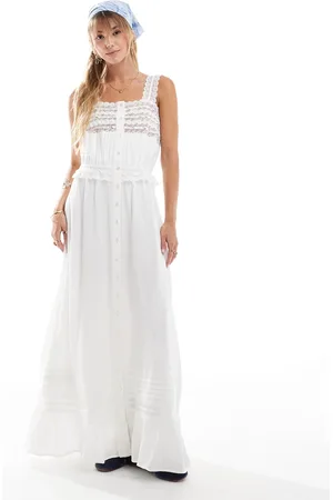 Miss Selfridge Crinkle lace insert strappy maxi dress in cream