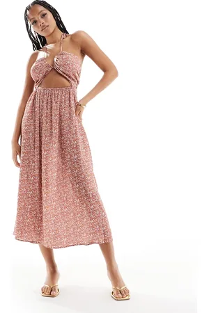 ASOS Viscose cut out halter detail midi dress in rust ditsy print