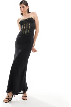 ASOS Corset maxi dress with floral embroidery in black