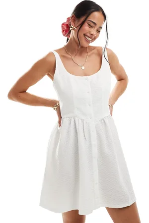MANGO Milkmaid textured button up dress in