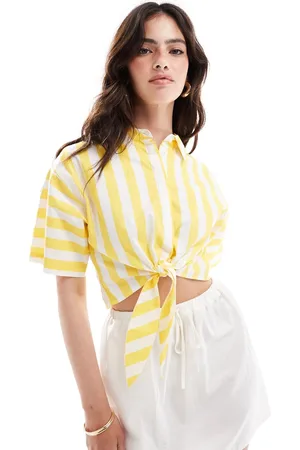 ASOS Crop short sleeve shirt with tie waist in yellow stripe