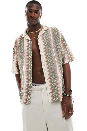 Pull&Bear Patterned crochet shirt in khaki