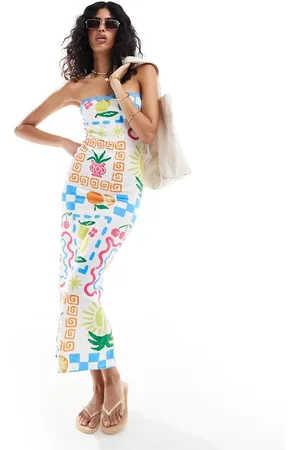 ASOS Bandeau midi dress with rikrak trim in postcard print