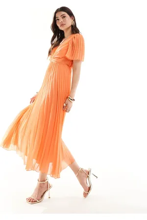 ASOS Pleated bodice flutter sleeve pleat midi dress in
