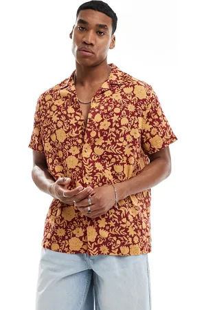 ASOS Relaxed revere textured shirt in orange and red floral print