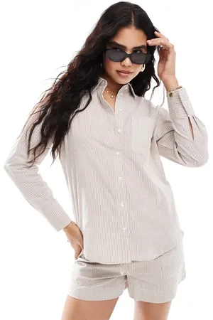 JDY Long sleeve textured shirt co-ord in beige & white stripe