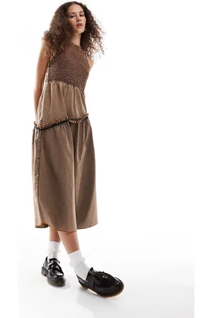 COLLUSION Shirred racer midi dress with contrast detail in washed brown