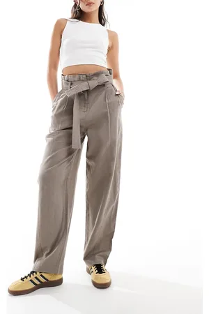 & OTHER STORIES Linen blend paper bag waist trousers in taupe