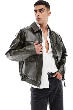 ASOS Faux leather oversized distressed harrington jacket in dark green