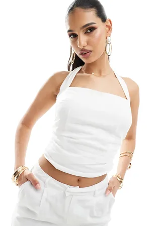 Kaiia Kaia linen look halter square neck ruched detail top co-ord in