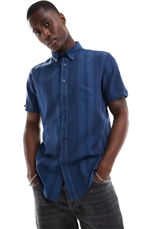 Ben Sherman Short sleeve linen mixed stripe shirt in dark blue