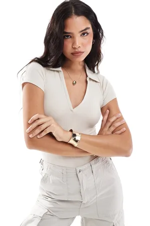Pull&Bear Ribbed polo neck collar bodysuit in ecru