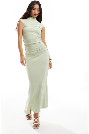 ASOS Grown on neck short sleeve ruched midi dress in sage