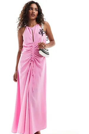 ASOS ASOS DESIGN Petite high neck ruched front midi dress in pink