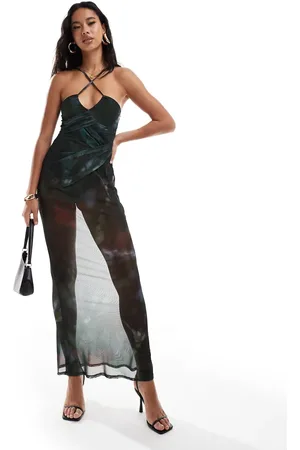 ASOS Sheer asymmetric strappy neckline layered ruched maxi dress with body in abstract print