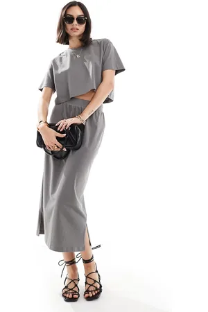 Threadbare Jersey crop top & midi skirt set in charcoal