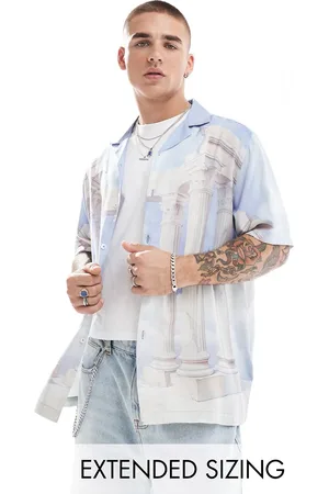 ASOS Relaxed revere shirt with placement print in blue and white