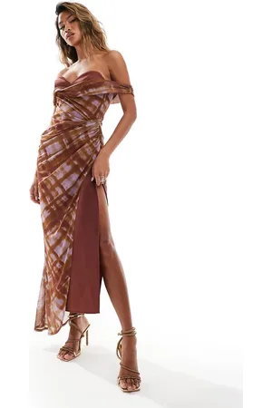 ASOS Sculpting pencil bardot midi dress with draped mesh overlay in check print