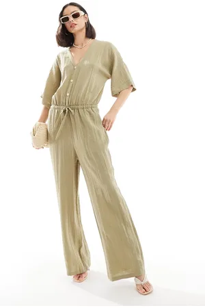 Pretty Lavish Balloon sleeve shirred jumpsuit in olive