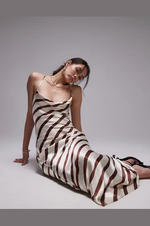 Topshop Cowl slip midi dress brown and ivory stripe