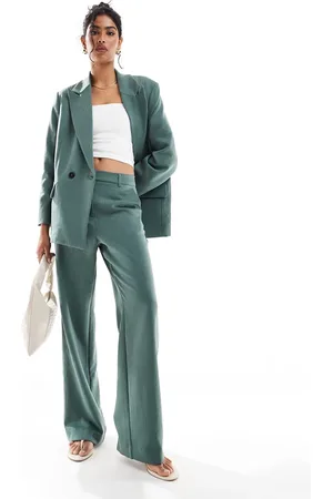 VERO MODA Tailored herringbone wide leg co-ord trousers in dark forest