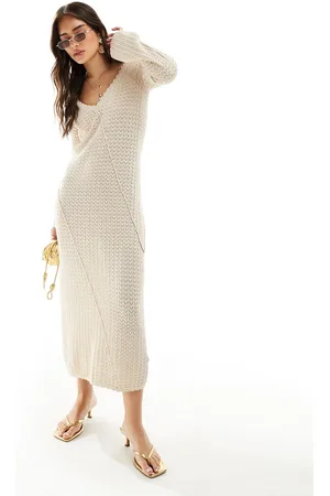 Pretty Lavish Asymmetric seam knit midaxi dress in cream