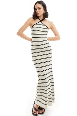 Pretty Lavish Halterneck knit midaxi dress in cream stripe