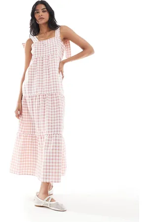 Miss Selfridge Tiered gingham maxi dress with tie shoulders in