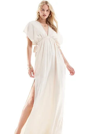 ASOS Tall Faye flutter sleeve maxi beach dress with tie detail in ecru