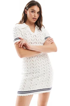 Miss Selfridge Crochet contrast polo collar mini dress in cream