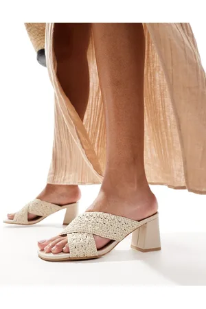 New Look Cross strap crochet mid heeled sandal in off