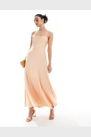 ASOS Satin bandeau midi dress with shaped neckline in peach