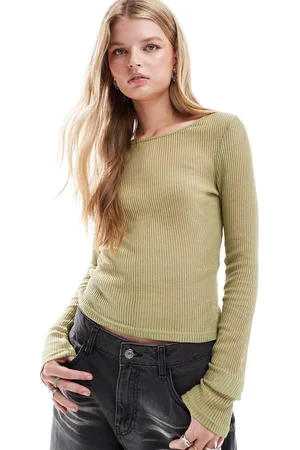 Noisy May Long sleeve sheer ribbed top in sage