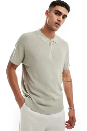 New Look 1/4 zip short sleeve knitted polo in pale khaki