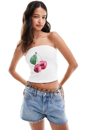 ASOS Textured bandeau top with cherry graphic in ivory