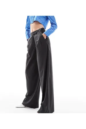 ASOS ASOS DESIGN Tall tailored wide leg trouser with asymmetric buckle detail in grey stripe