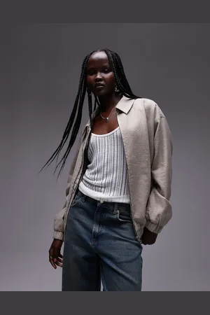 Topshop Linen bomber jacket in stone