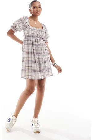 Brave Soul Short puff sleeve mini dress in check print