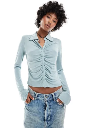 Monki Long sleeve jersey ruched shirt in light dusty