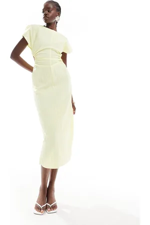ASOS Textured split cap sleeve cut out detail midi dress in buttermilk