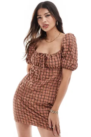 Brave Soul Puff sleeve seersucker gingham print mini dress in tan